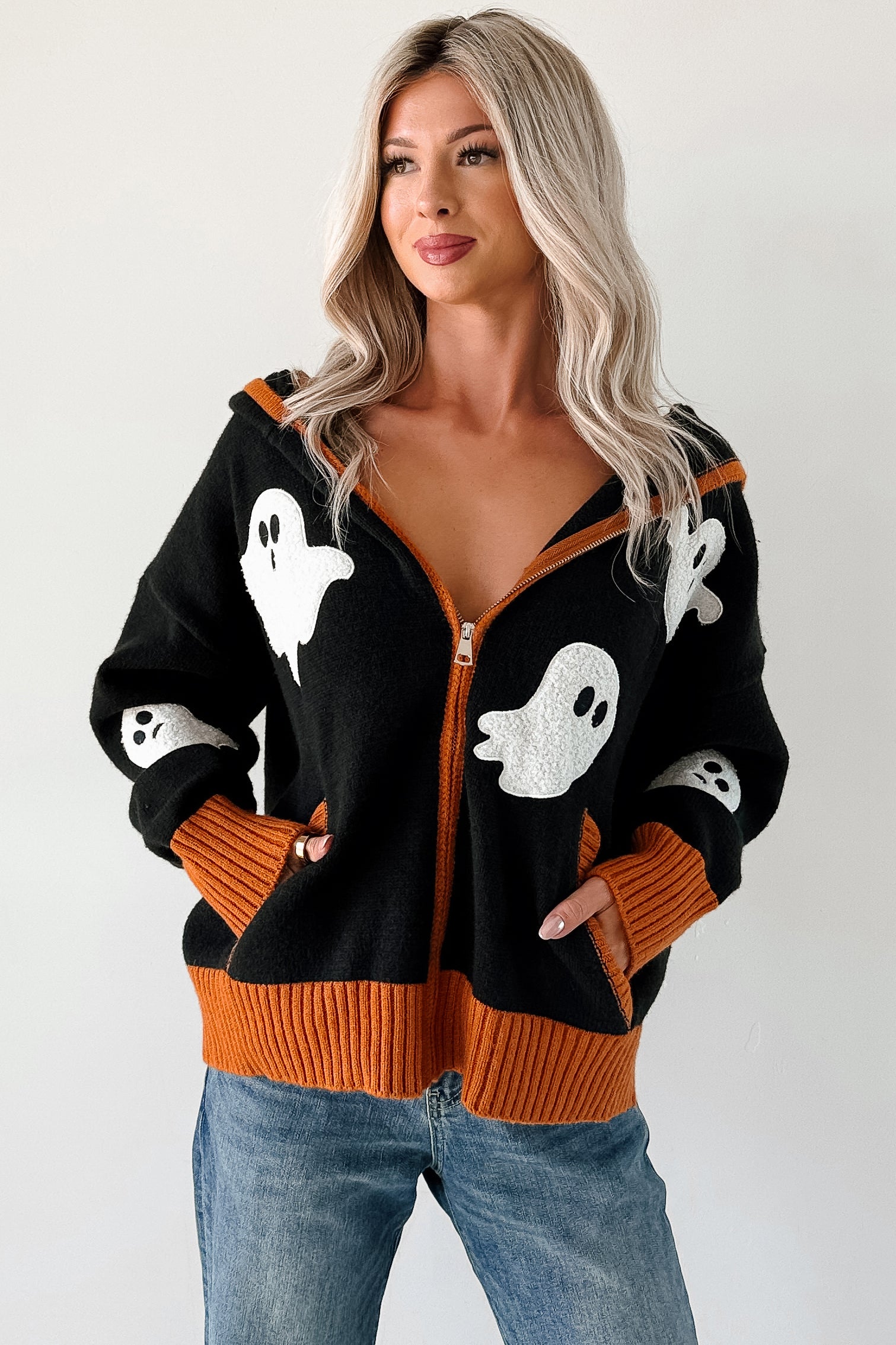 Ghostly Grins Ghost Patch Zip-Up Hoodie (Black) - NanaMacs