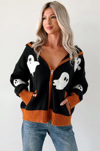 Ghostly Grins Ghost Patch Zip-Up Hoodie (Black) - NanaMacs