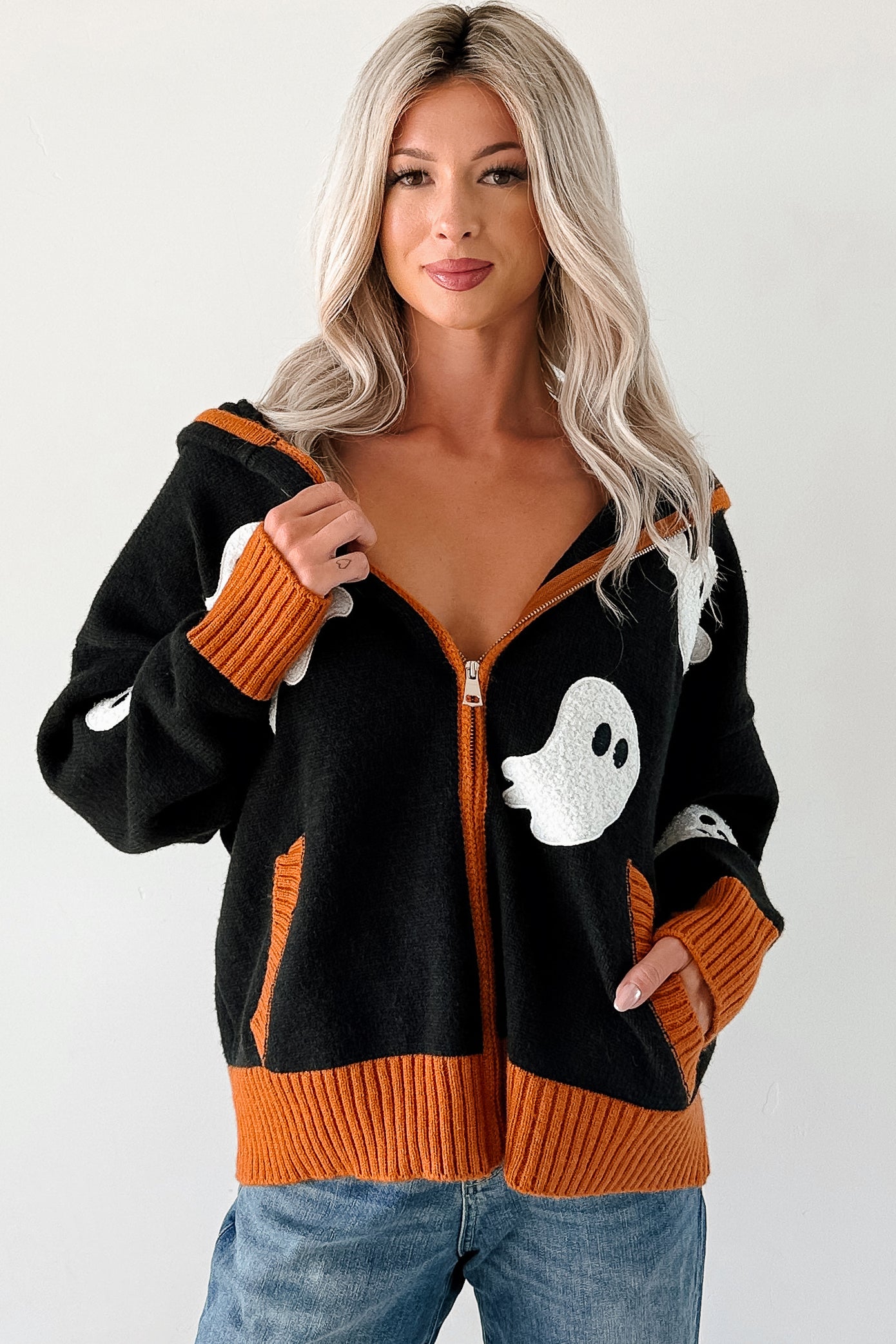 Ghostly Grins Ghost Patch Zip-Up Hoodie (Black) - NanaMacs