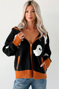 Ghostly Grins Ghost Patch Zip-Up Hoodie (Black) - NanaMacs