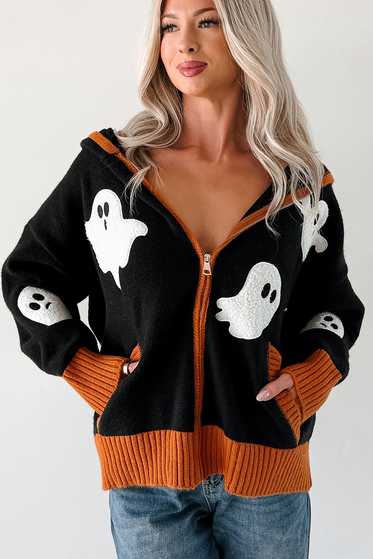 Ghostly Grins Ghost Patch Zip-Up Hoodie (Black) - NanaMacs