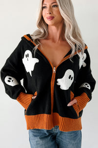 Ghostly Grins Ghost Patch Zip-Up Hoodie (Black) - NanaMacs