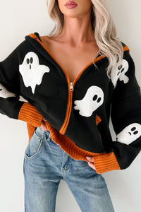 Ghostly Grins Ghost Patch Zip-Up Hoodie (Black) - NanaMacs