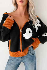 Ghostly Grins Ghost Patch Zip-Up Hoodie (Black) - NanaMacs