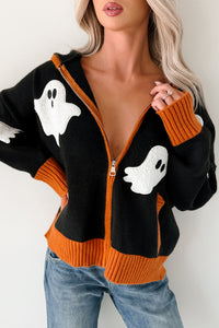 Ghostly Grins Ghost Patch Zip-Up Hoodie (Black) - NanaMacs