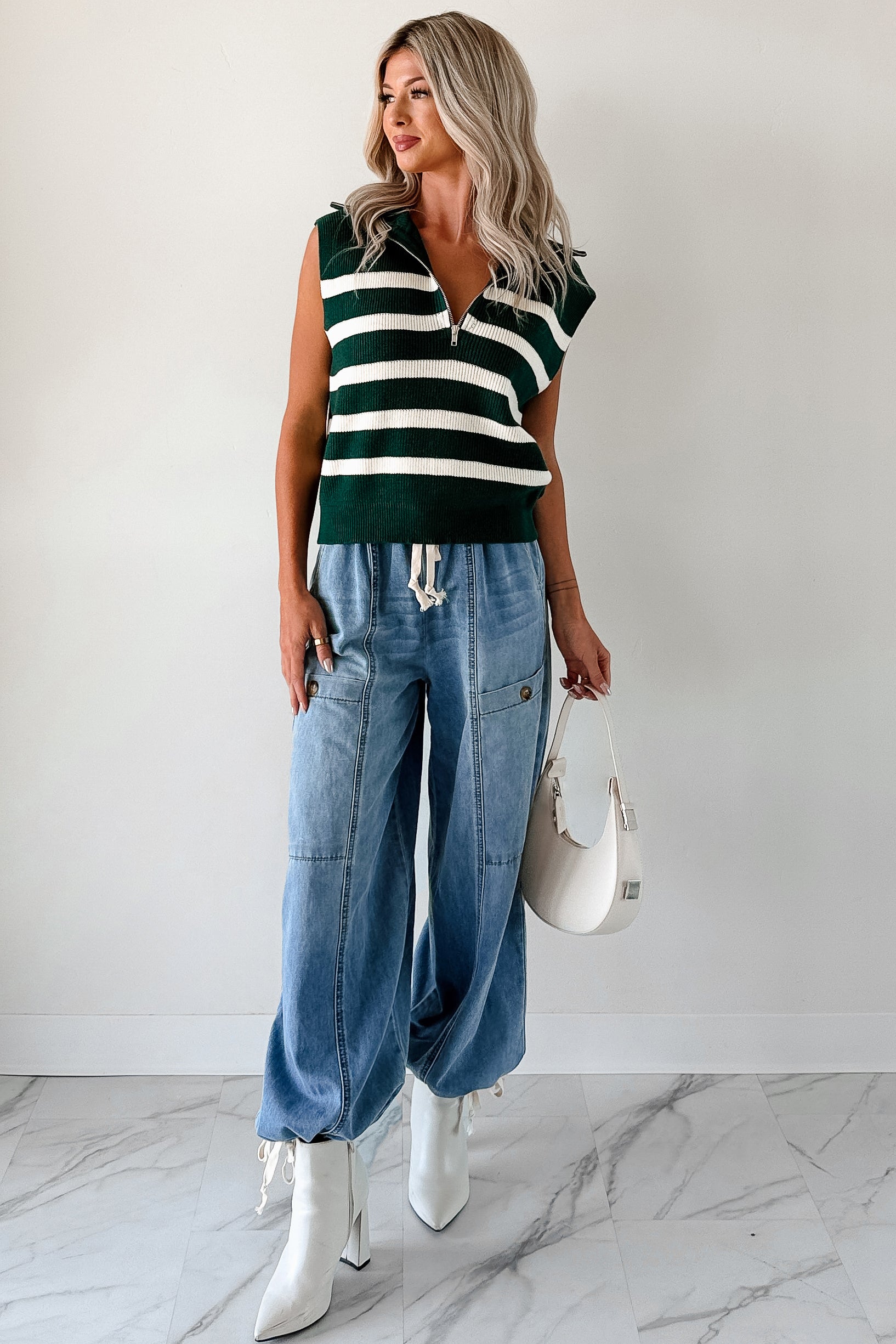 Daily Joys Striped Half-Zip Sweater Vest (Green/Cream) - NanaMacs