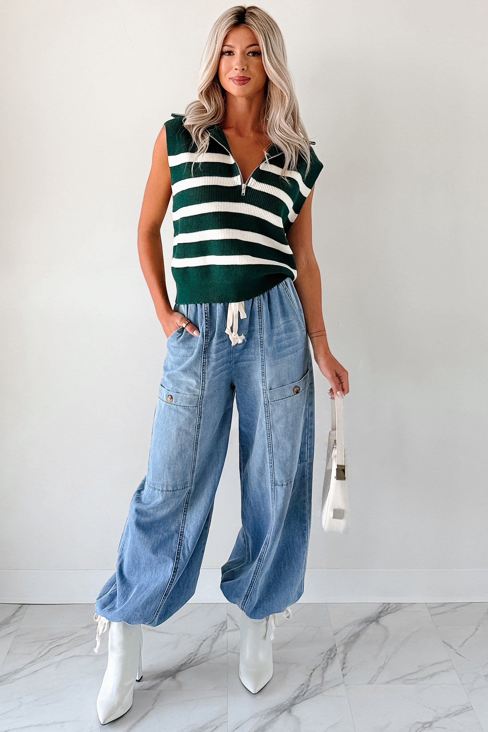 Daily Joys Striped Half-Zip Sweater Vest (Green/Cream) - NanaMacs