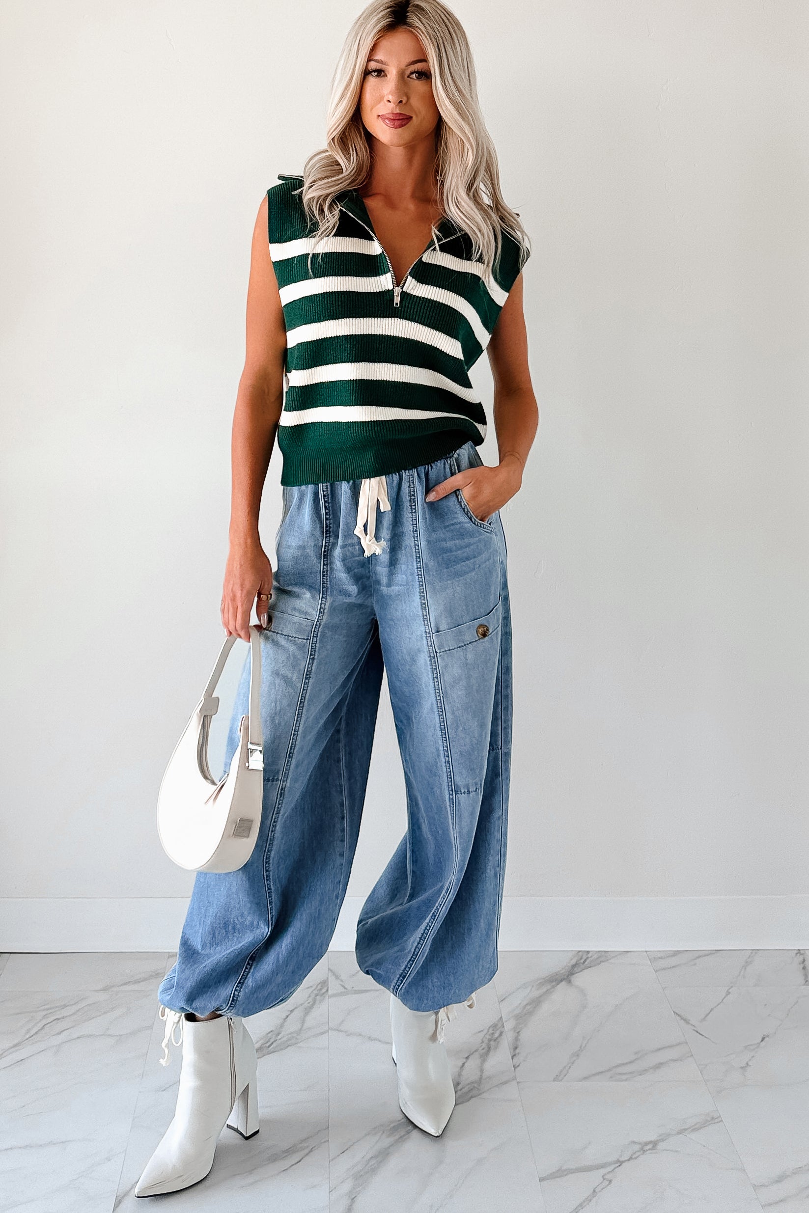 Daily Joys Striped Half-Zip Sweater Vest (Green/Cream) - NanaMacs