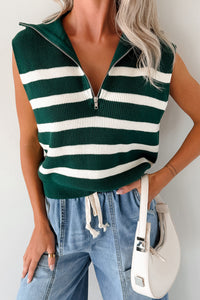 Daily Joys Striped Half-Zip Sweater Vest (Green/Cream) - NanaMacs