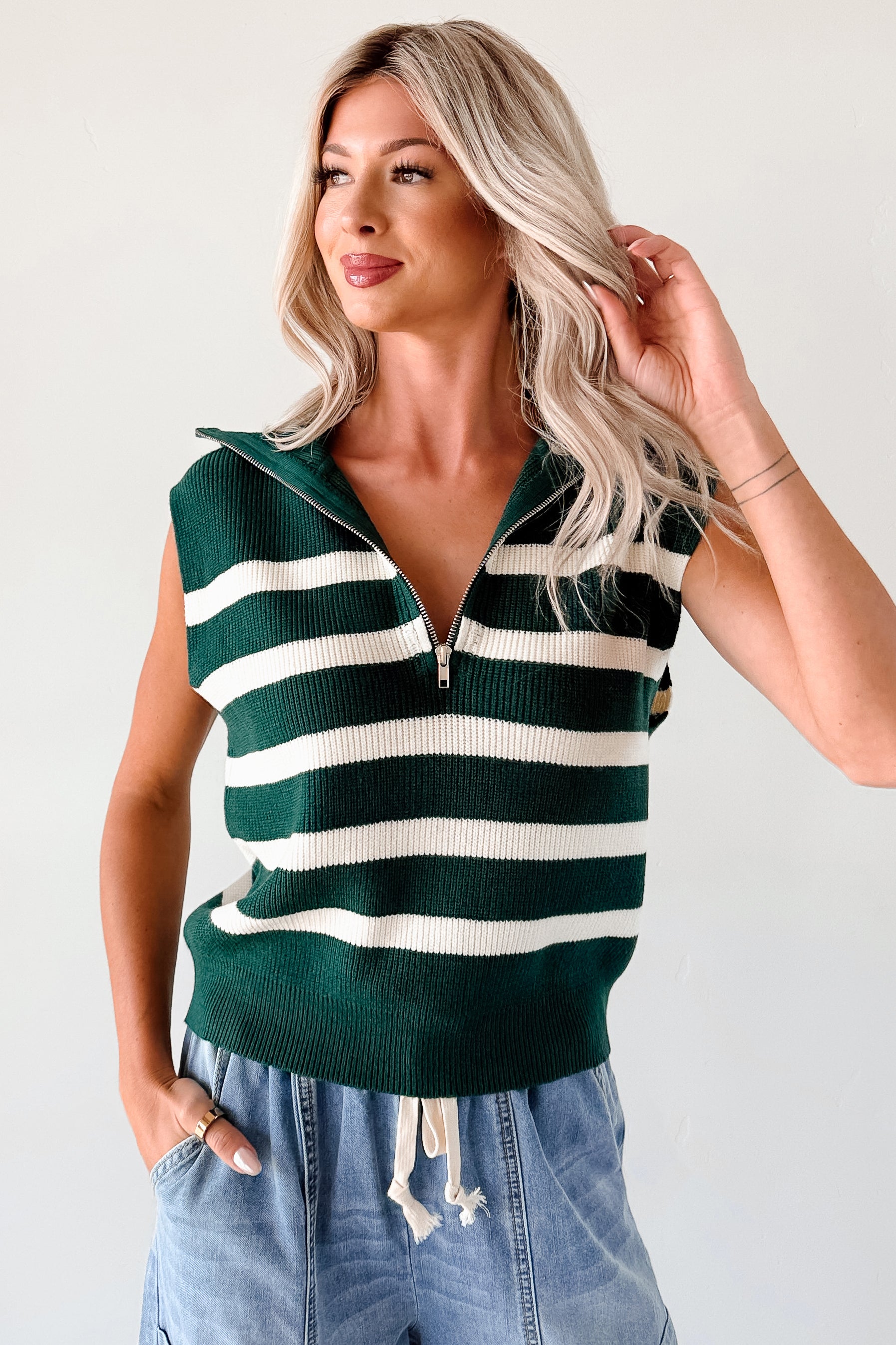 Daily Joys Striped Half-Zip Sweater Vest (Green/Cream) · NanaMacs