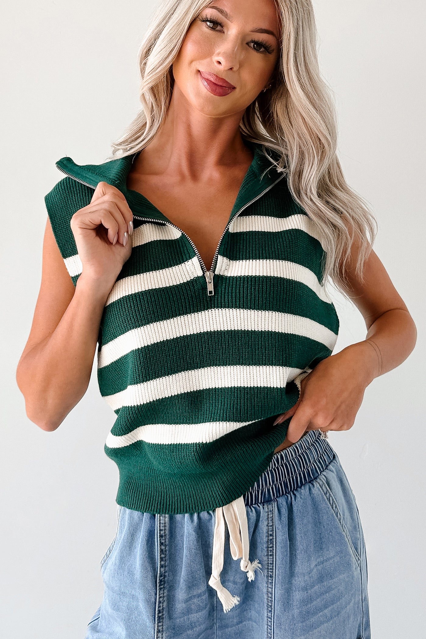 Daily Joys Striped Half-Zip Sweater Vest (Green/Cream) - NanaMacs
