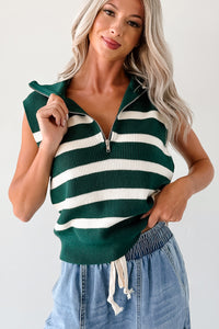 Daily Joys Striped Half-Zip Sweater Vest (Green/Cream) - NanaMacs