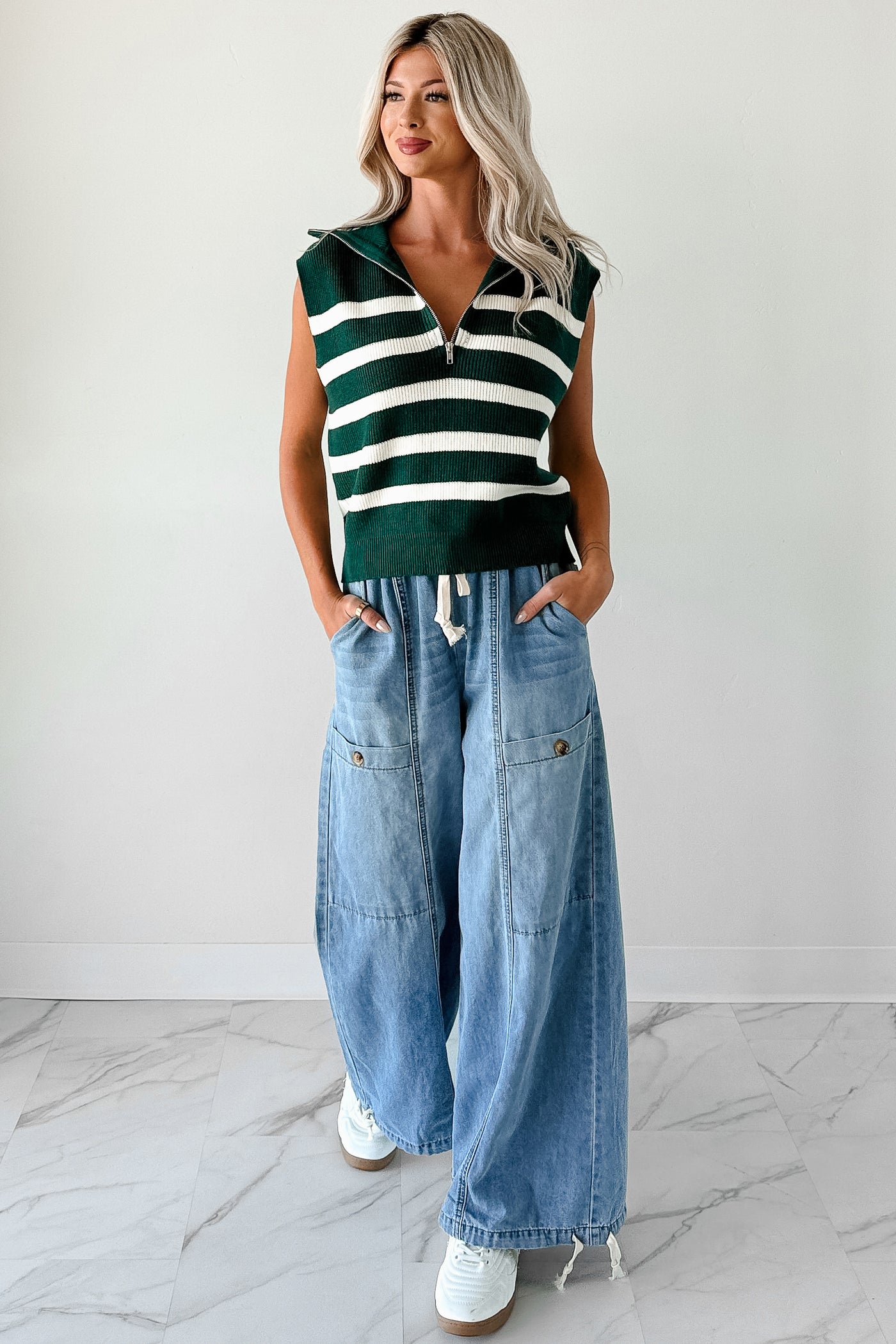 Daily Joys Striped Half-Zip Sweater Vest (Green/Cream) - NanaMacs