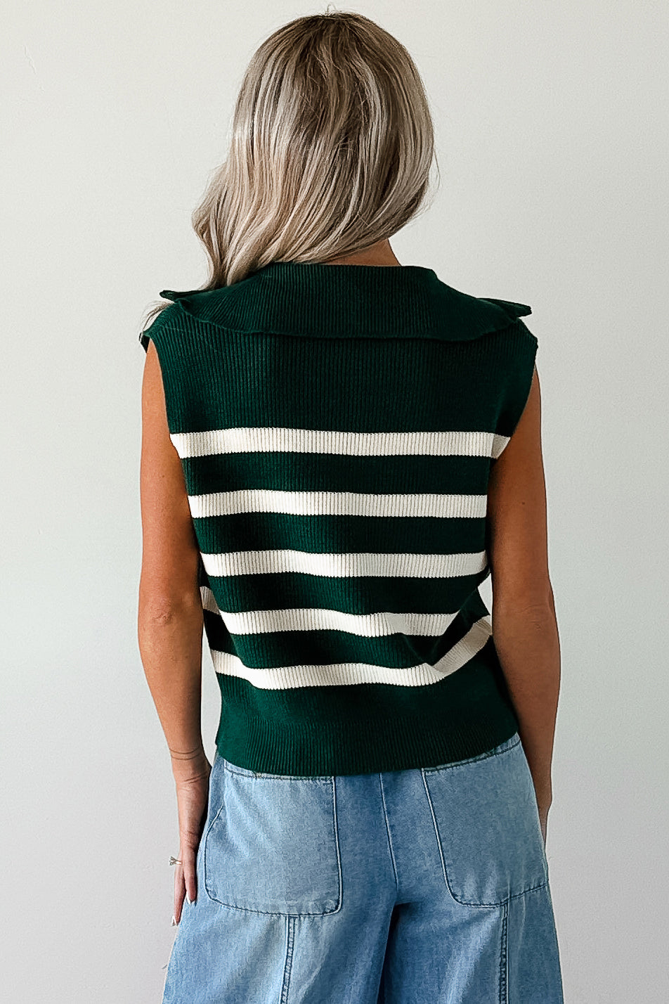 Daily Joys Striped Half-Zip Sweater Vest (Green/Cream) - NanaMacs