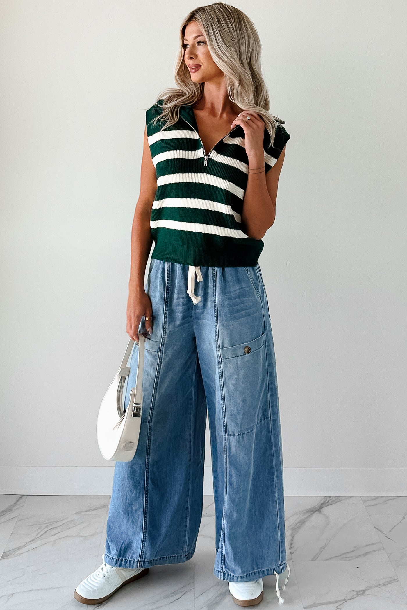 Daily Joys Striped Half-Zip Sweater Vest (Green/Cream) - NanaMacs