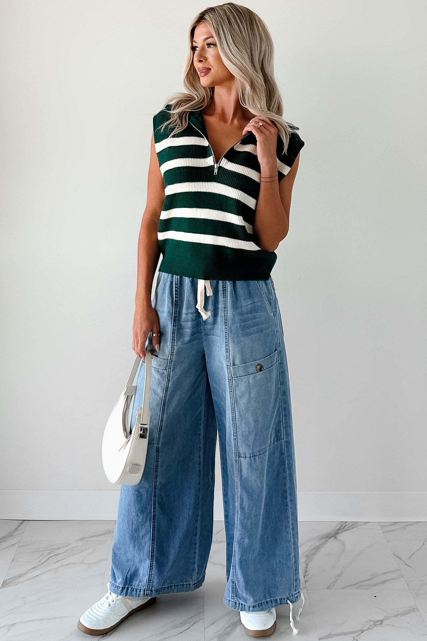 Daily Joys Striped Half-Zip Sweater Vest (Green/Cream) - NanaMacs