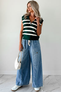 Daily Joys Striped Half-Zip Sweater Vest (Green/Cream) - NanaMacs