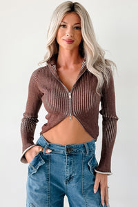 Dreamboat Babe Ribbed Zip-Up Top (Brown) - NanaMacs