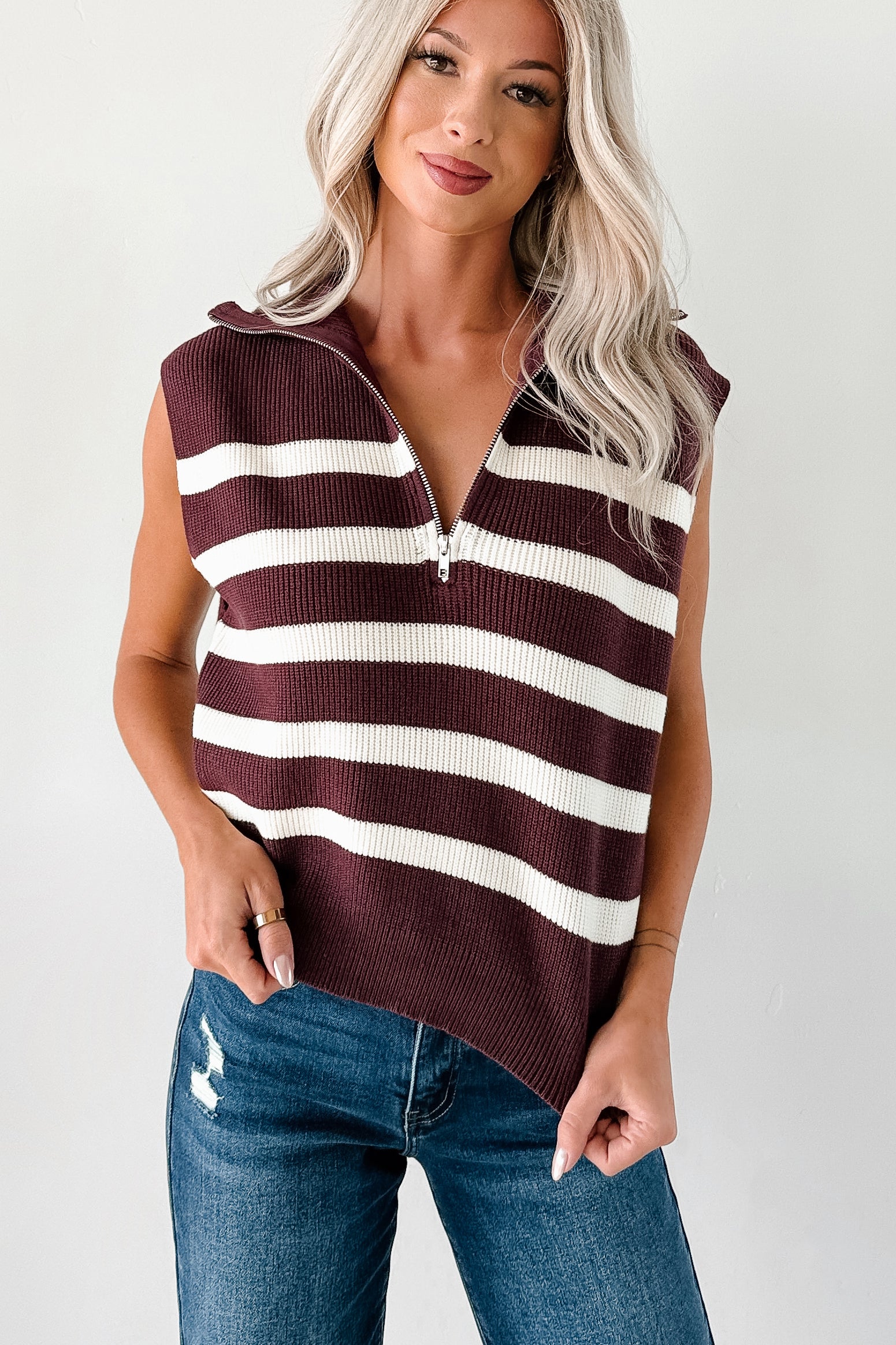 Daily Joys Striped Half-Zip Sweater Vest (Cherry/Cream) - NanaMacs