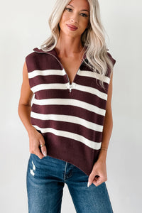 Daily Joys Striped Half-Zip Sweater Vest (Cherry/Cream) - NanaMacs