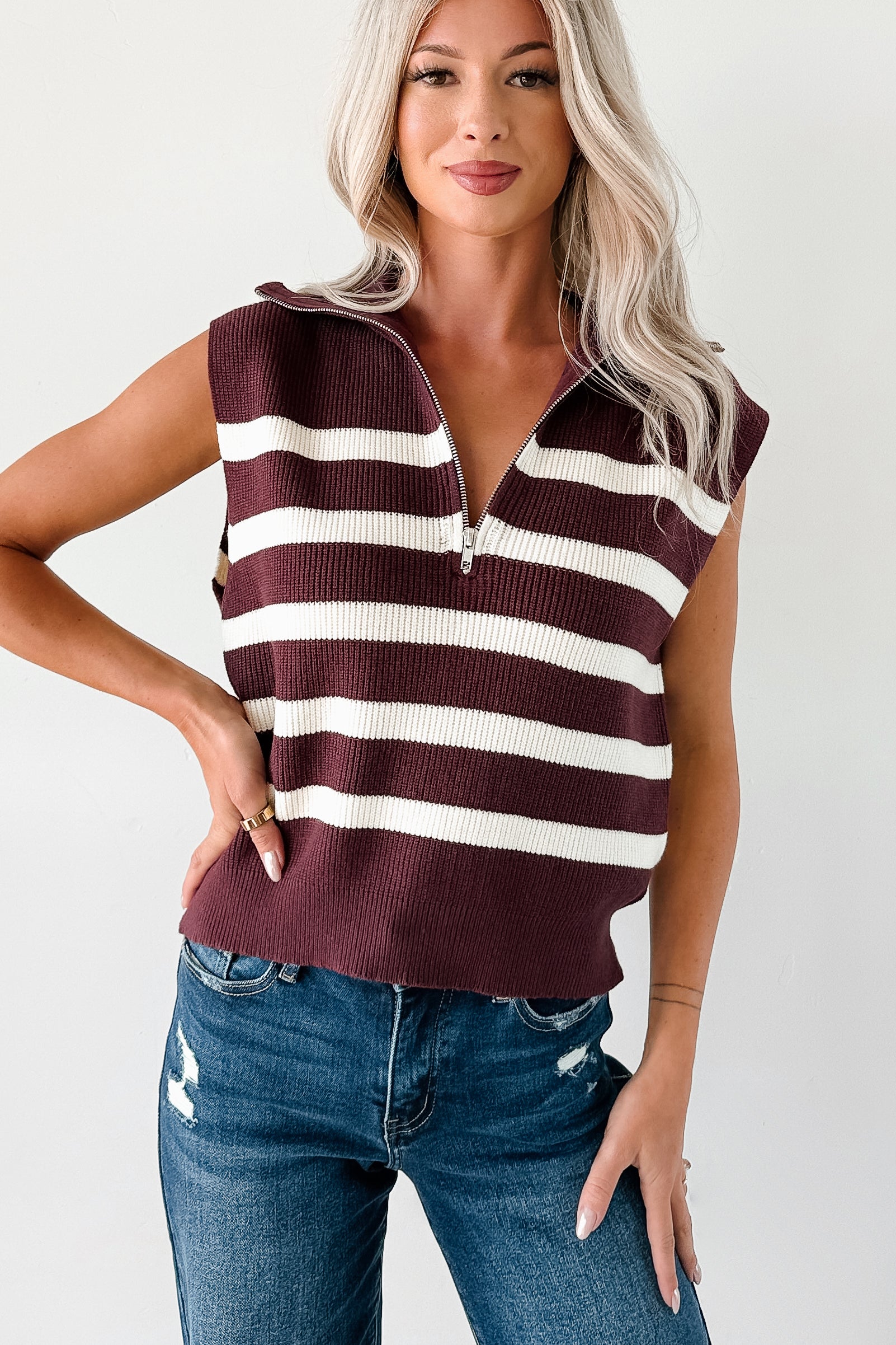 Daily Joys Striped Half-Zip Sweater Vest (Cherry/Cream) - NanaMacs