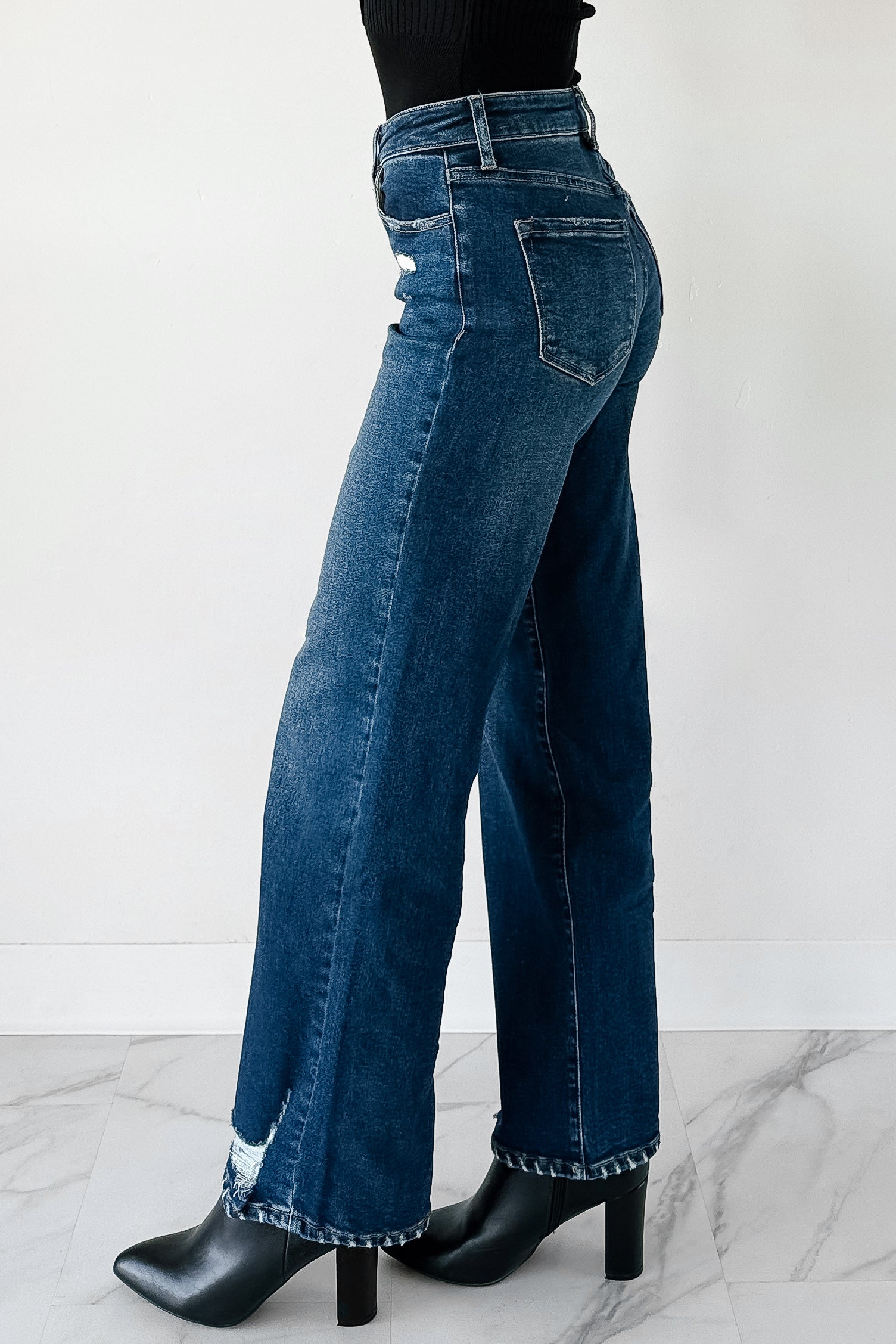 Jenna Distressed Wide Leg Kancan Jeans (Dark) - NanaMacs