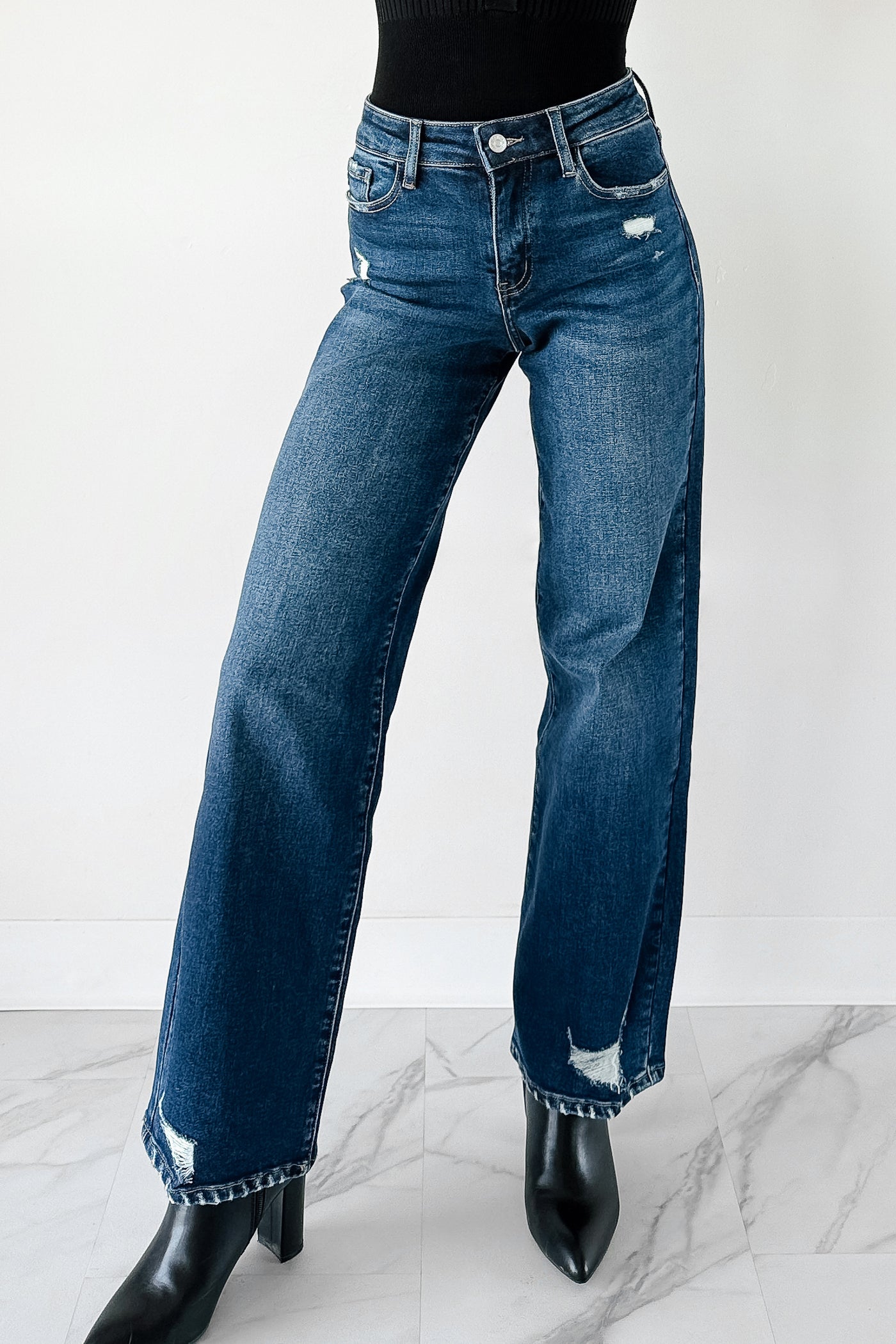 Jenna Distressed Wide Leg Kancan Jeans (Dark) - NanaMacs