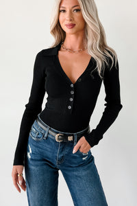 Serene Vibes Long Sleeve Polo Knit Bodysuit (Black) - NanaMacs
