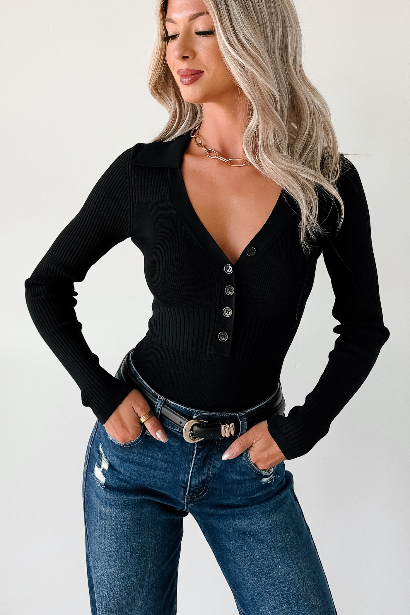 Serene Vibes Long Sleeve Polo Knit Bodysuit (Black) - NanaMacs
