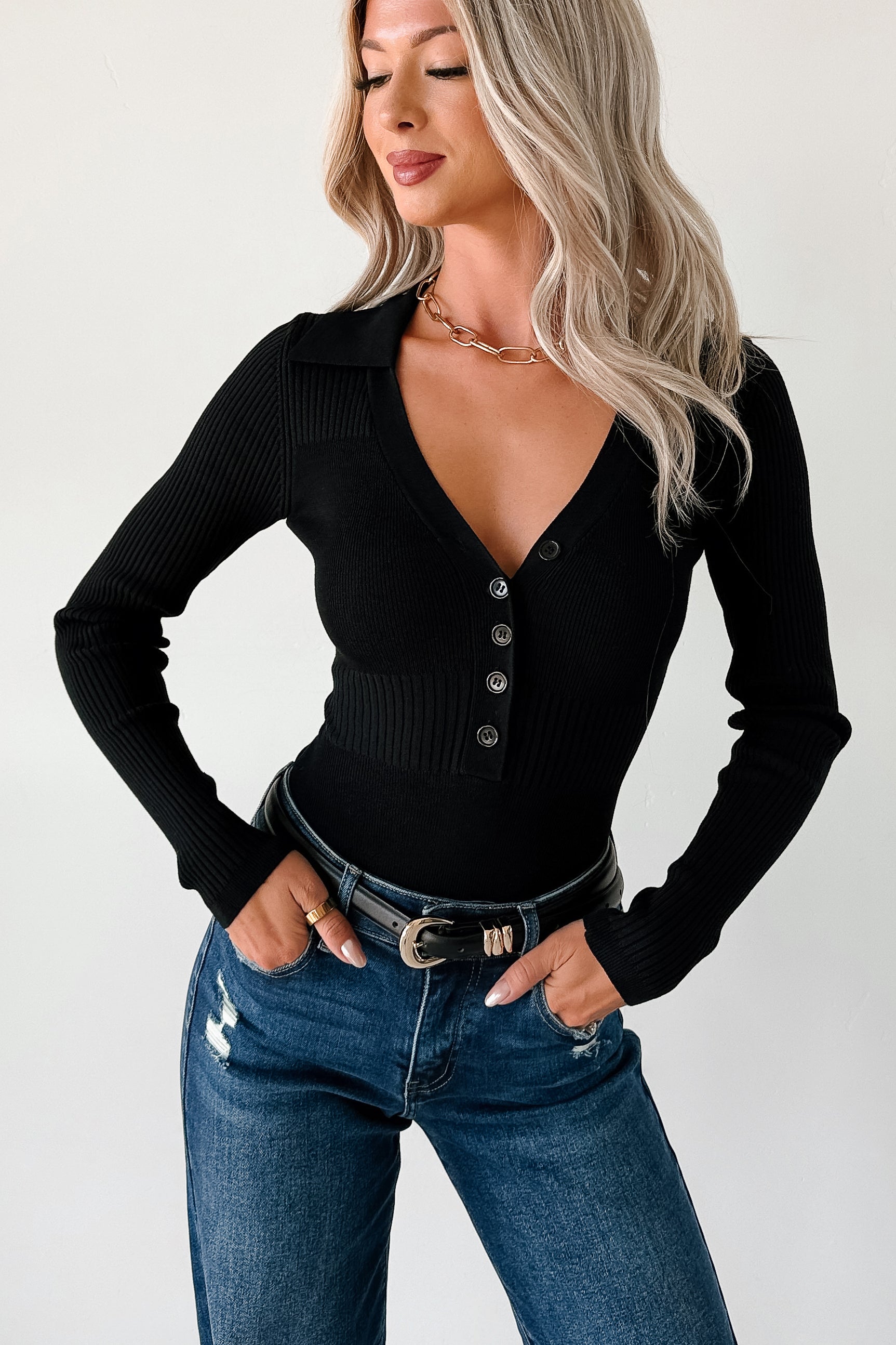 Serene Vibes Long Sleeve Polo Knit Bodysuit (Black) - NanaMacs