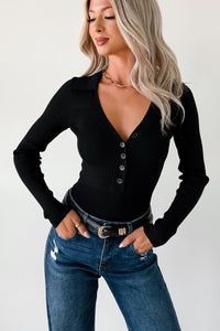 Serene Vibes Long Sleeve Polo Knit Bodysuit (Black) - NanaMacs