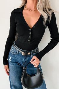 Serene Vibes Long Sleeve Polo Knit Bodysuit (Black) - NanaMacs