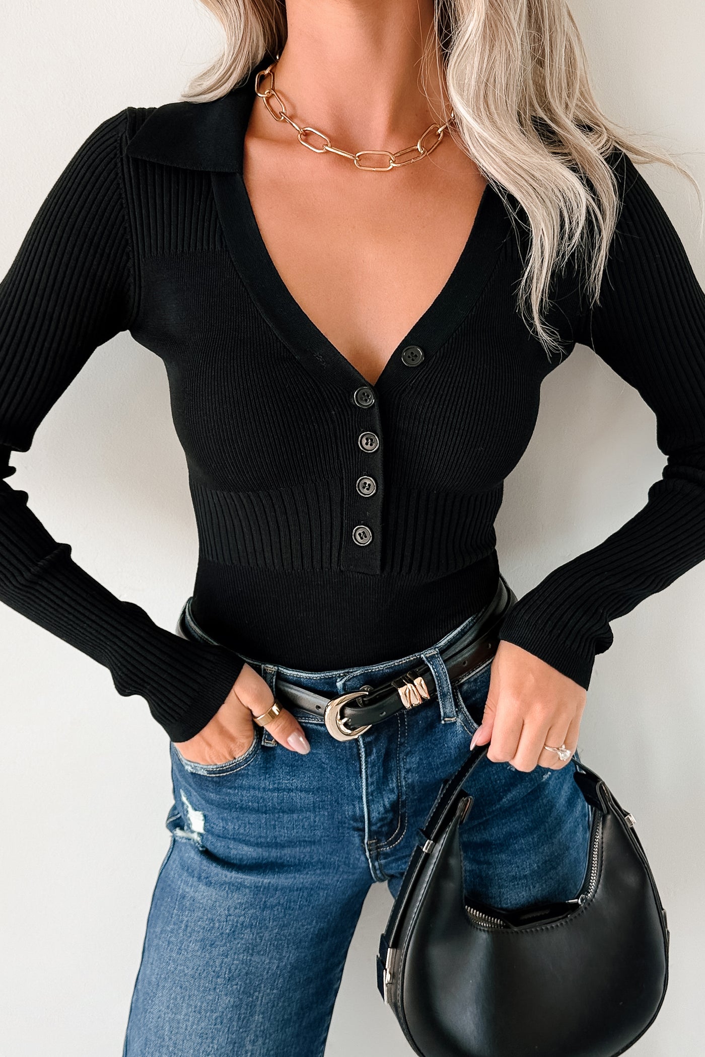 Serene Vibes Long Sleeve Polo Knit Bodysuit (Black) - NanaMacs