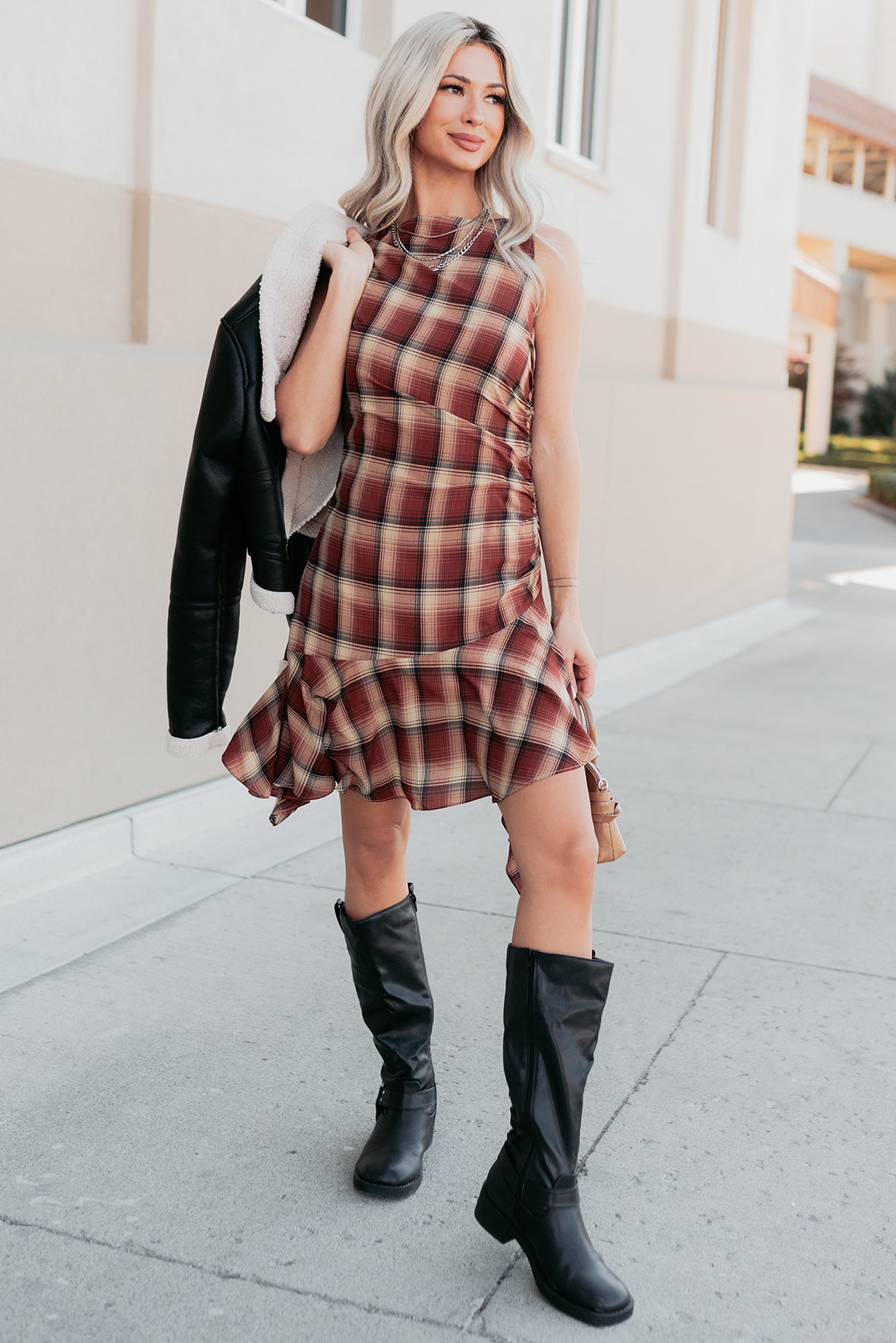Purely Hers Sleeveless Plaid Mini Dress (Rust Plaid) - NanaMacs