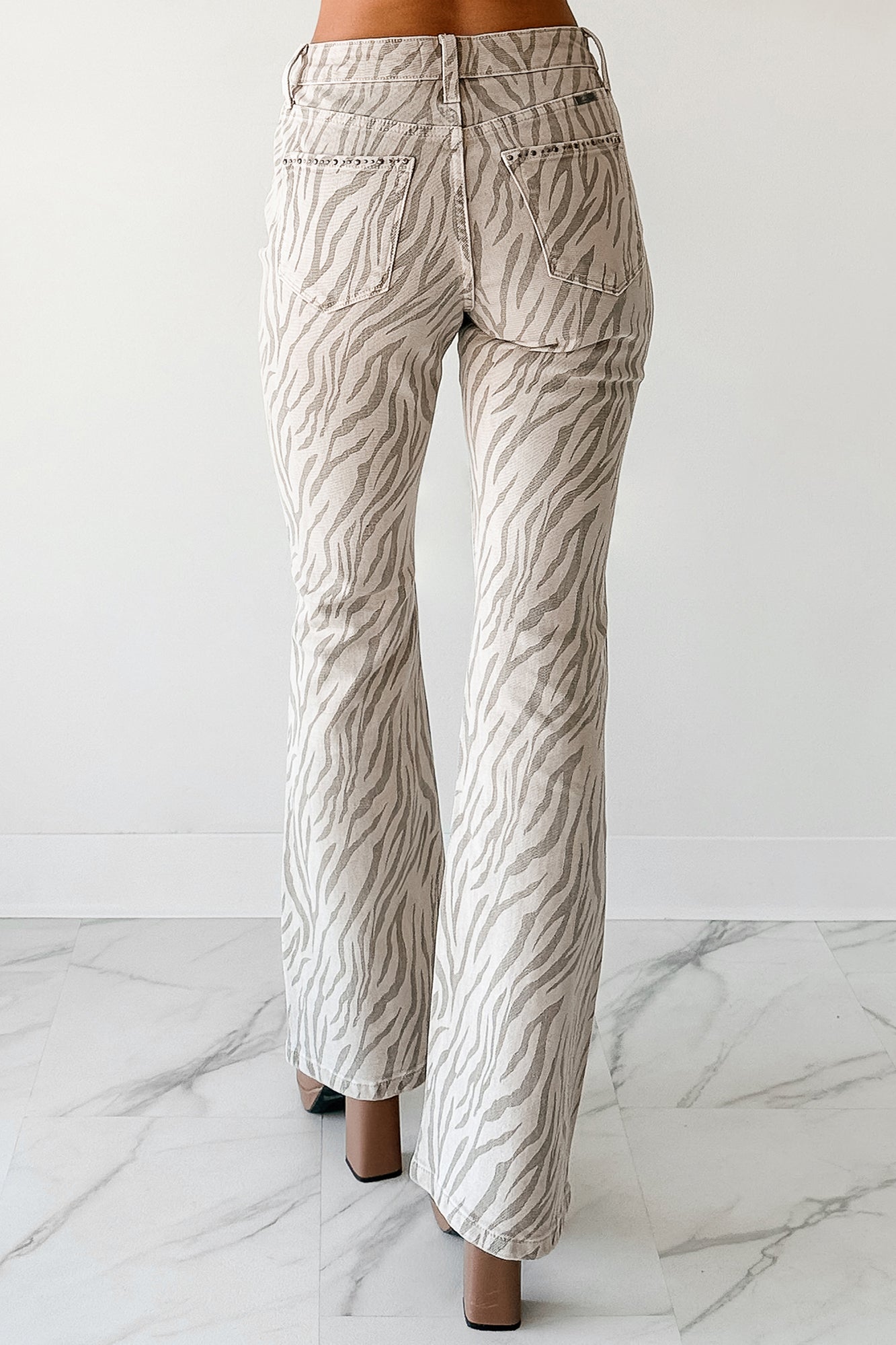 Philip Zebra Studded Flare Kancan Jeans (Beige) - NanaMacs