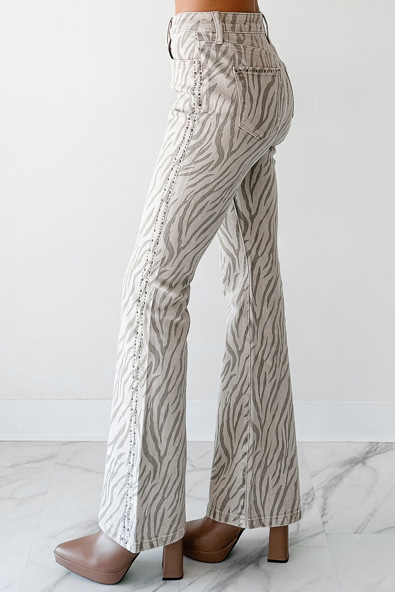 Philip Zebra Studded Flare Kancan Jeans (Beige) - NanaMacs