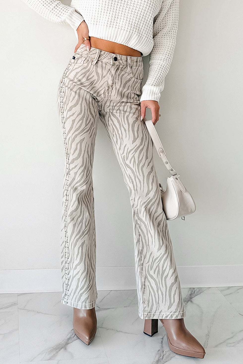 Philip Zebra Studded Flare Kancan Jeans (Beige) - NanaMacs