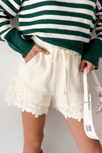 Warm Welcoming Floral Trim Woven Shorts (Cream) - NanaMacs