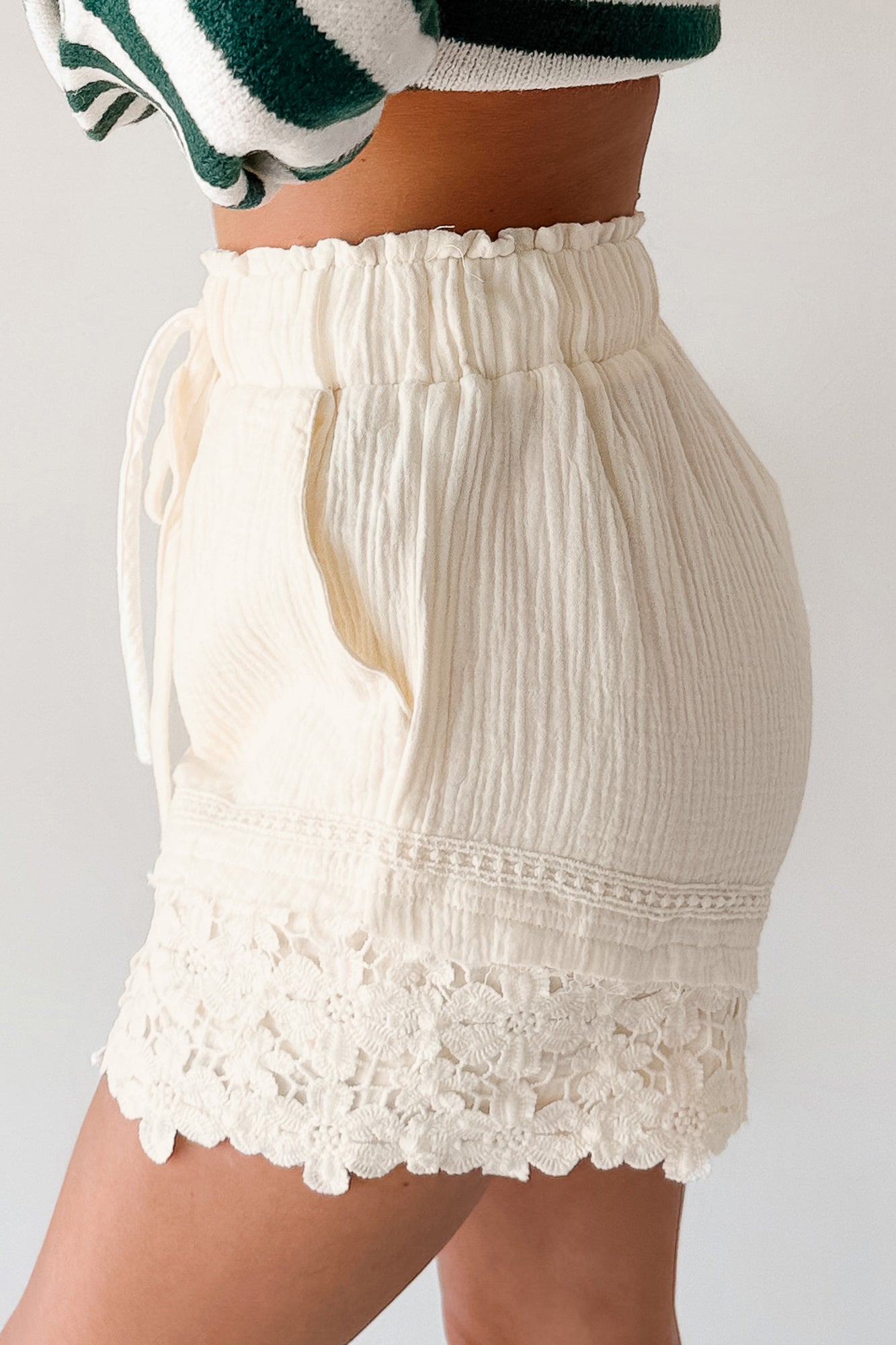 Warm Welcoming Floral Trim Woven Shorts (Cream) - NanaMacs