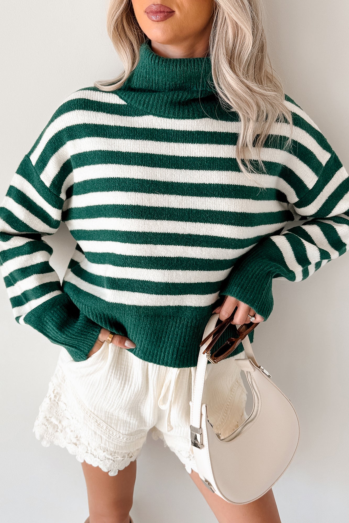 Don't You Worry Striped Turtleneck Sweater (Green/Ivory) - NanaMacs