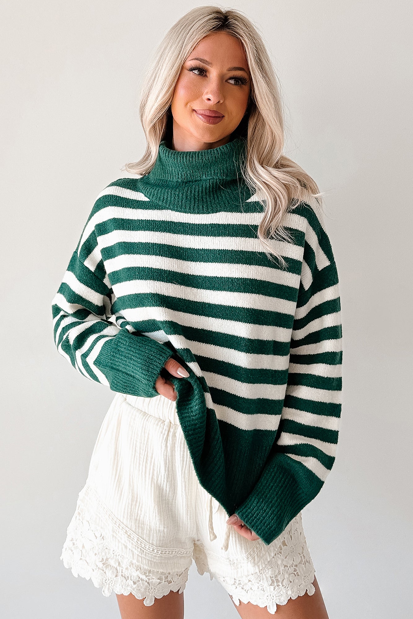 Don't You Worry Striped Turtleneck Sweater (Green/Ivory) - NanaMacs