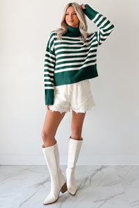 Don't You Worry Striped Turtleneck Sweater (Green/Ivory) - NanaMacs