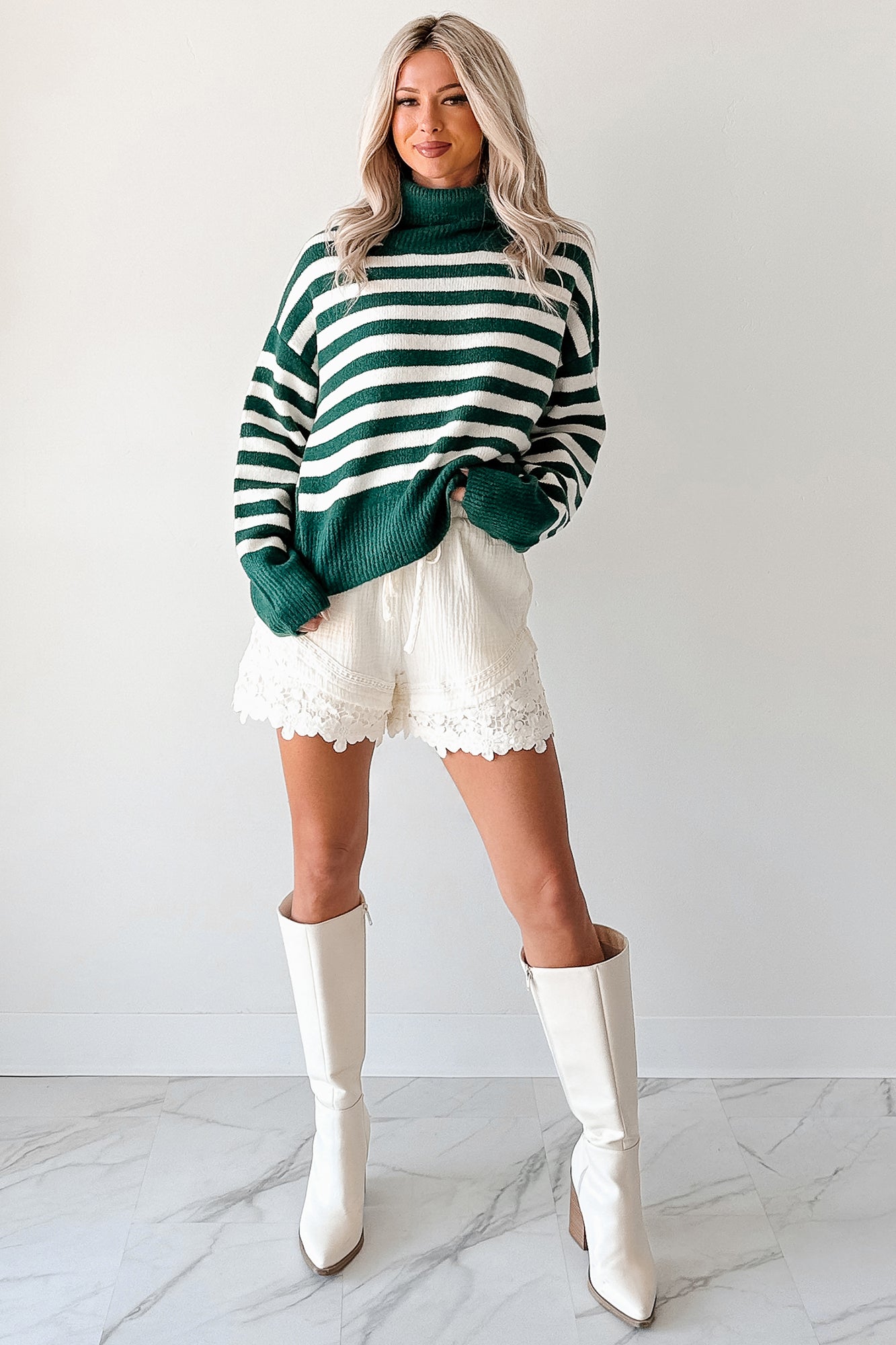 Don't You Worry Striped Turtleneck Sweater (Green/Ivory) - NanaMacs