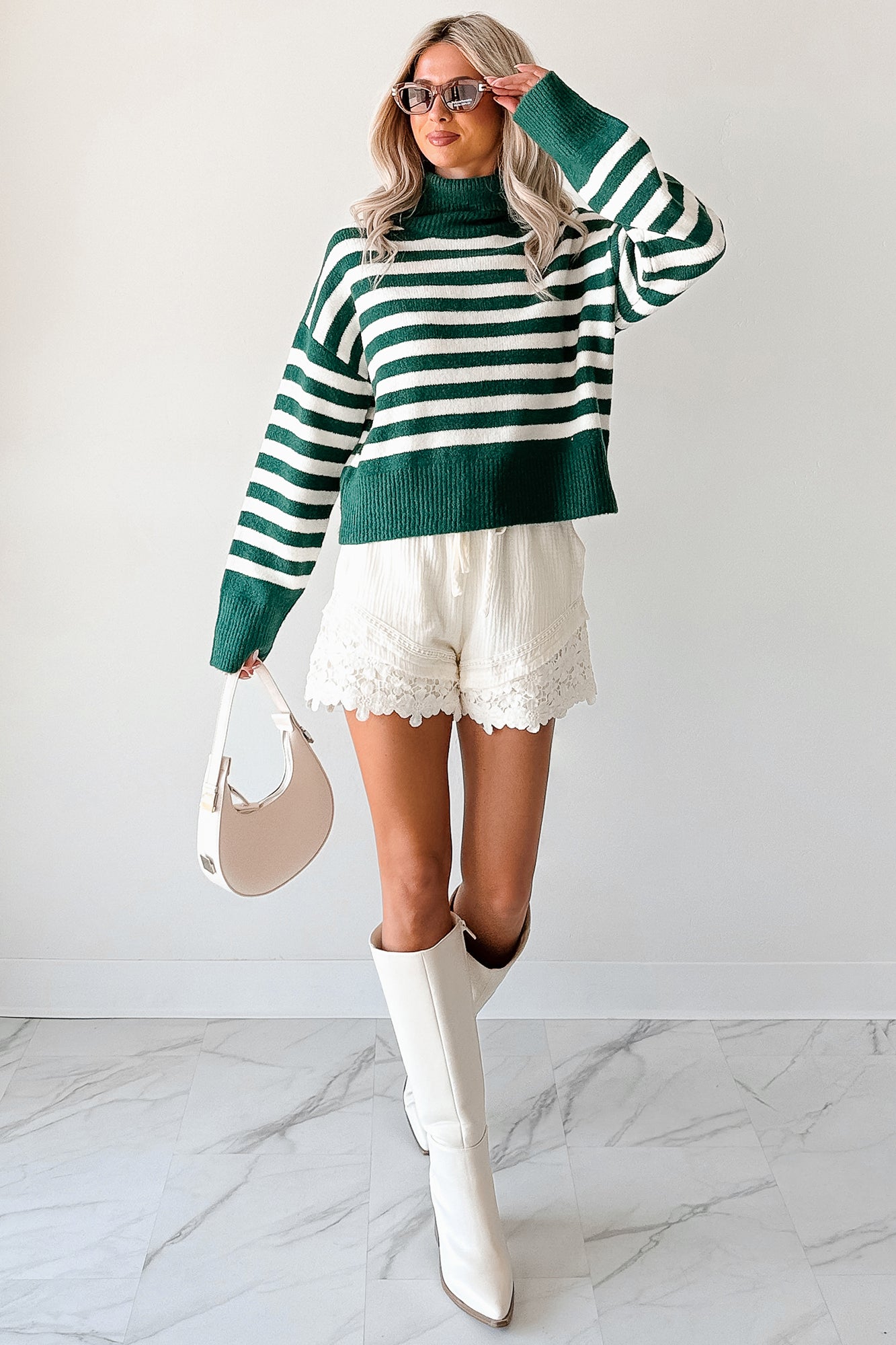 Don't You Worry Striped Turtleneck Sweater (Green/Ivory) - NanaMacs