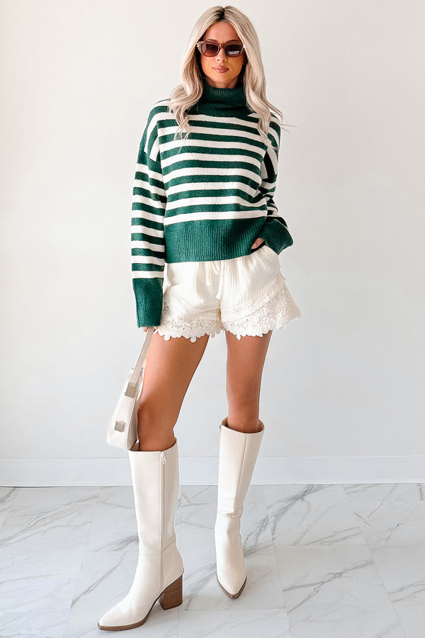 Don't You Worry Striped Turtleneck Sweater (Green/Ivory) - NanaMacs