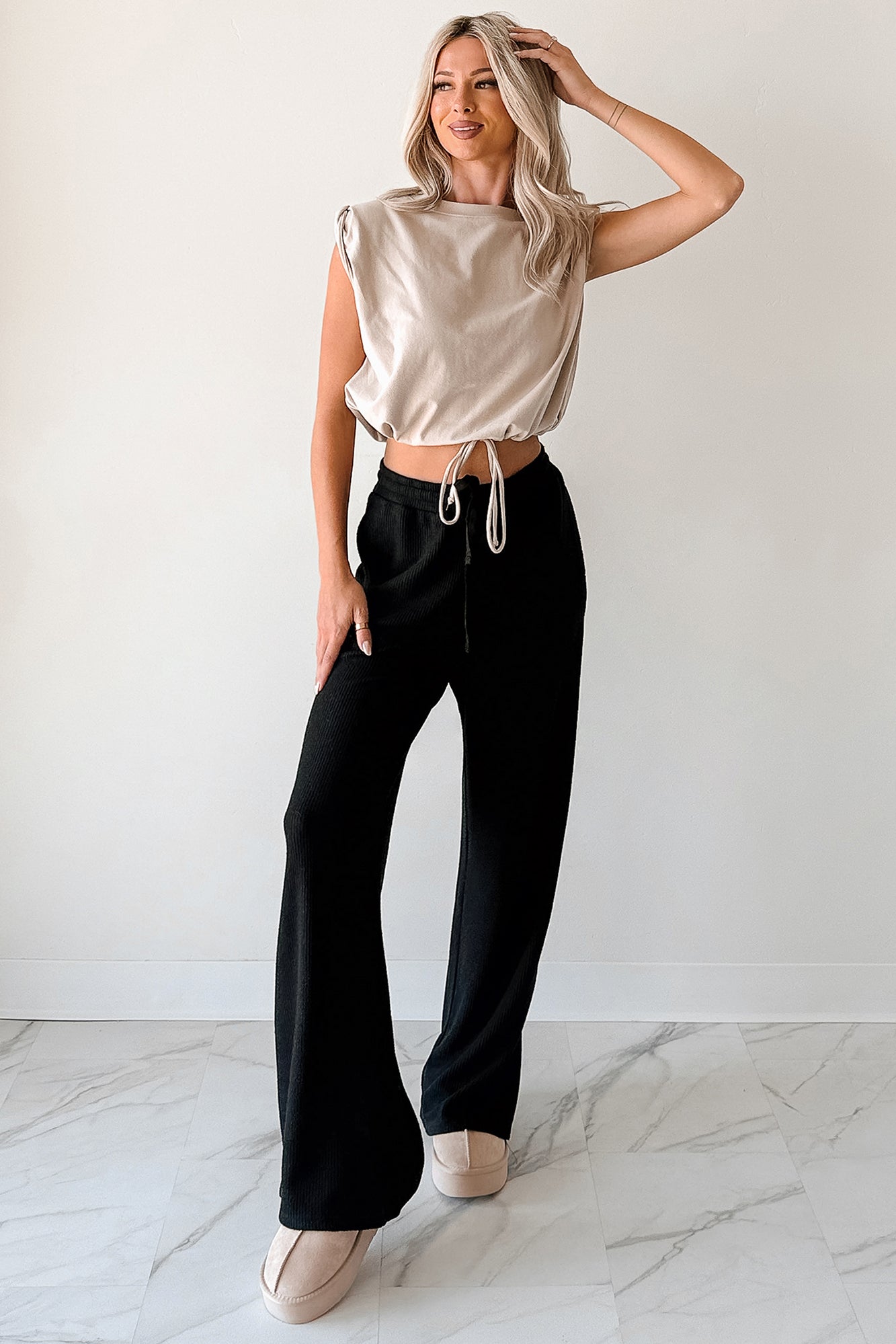 Beyond Horizons Waffle Knit Wide Leg Pants (Black) - NanaMacs