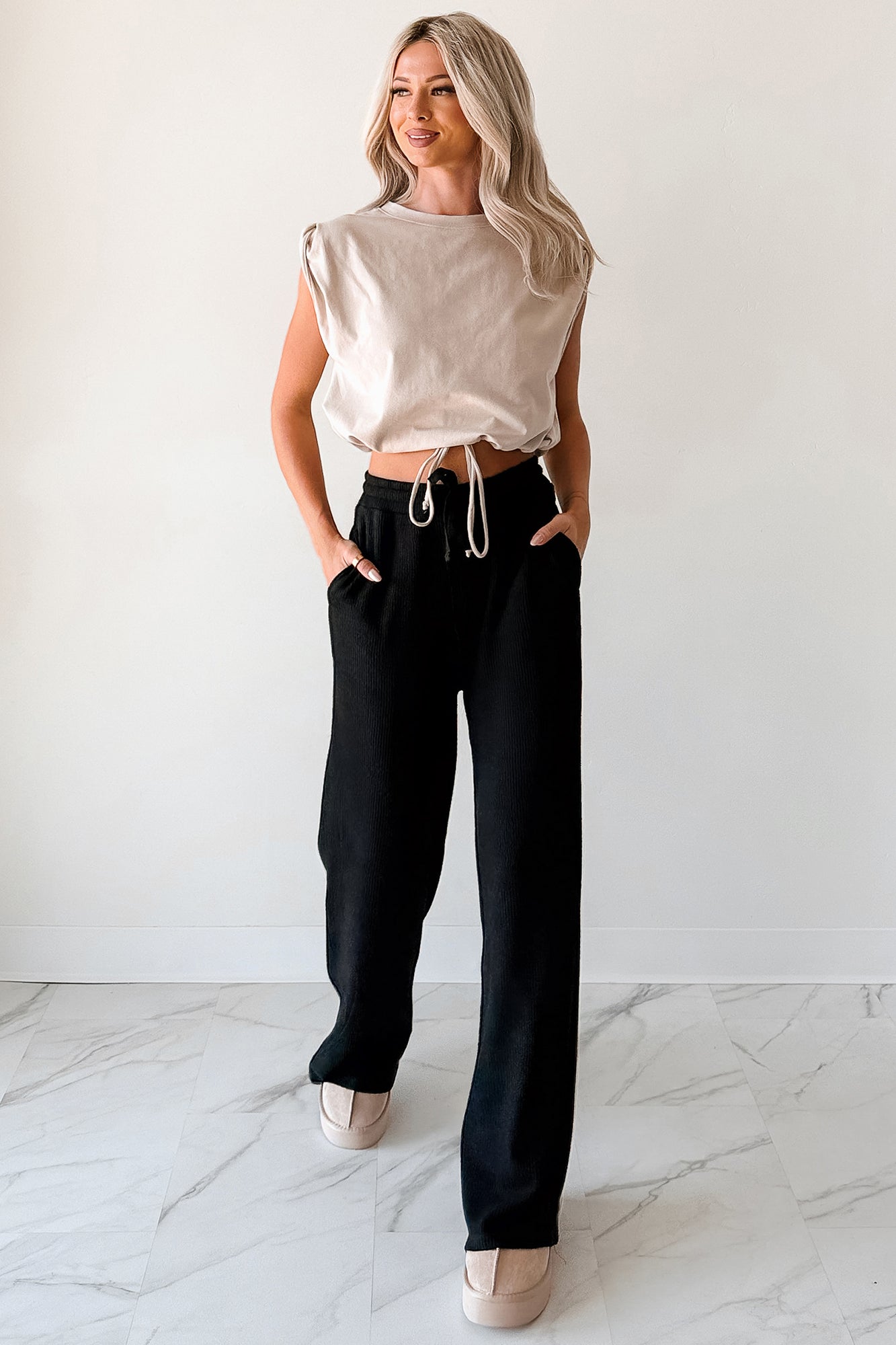 Beyond Horizons Waffle Knit Wide Leg Pants (Black) - NanaMacs