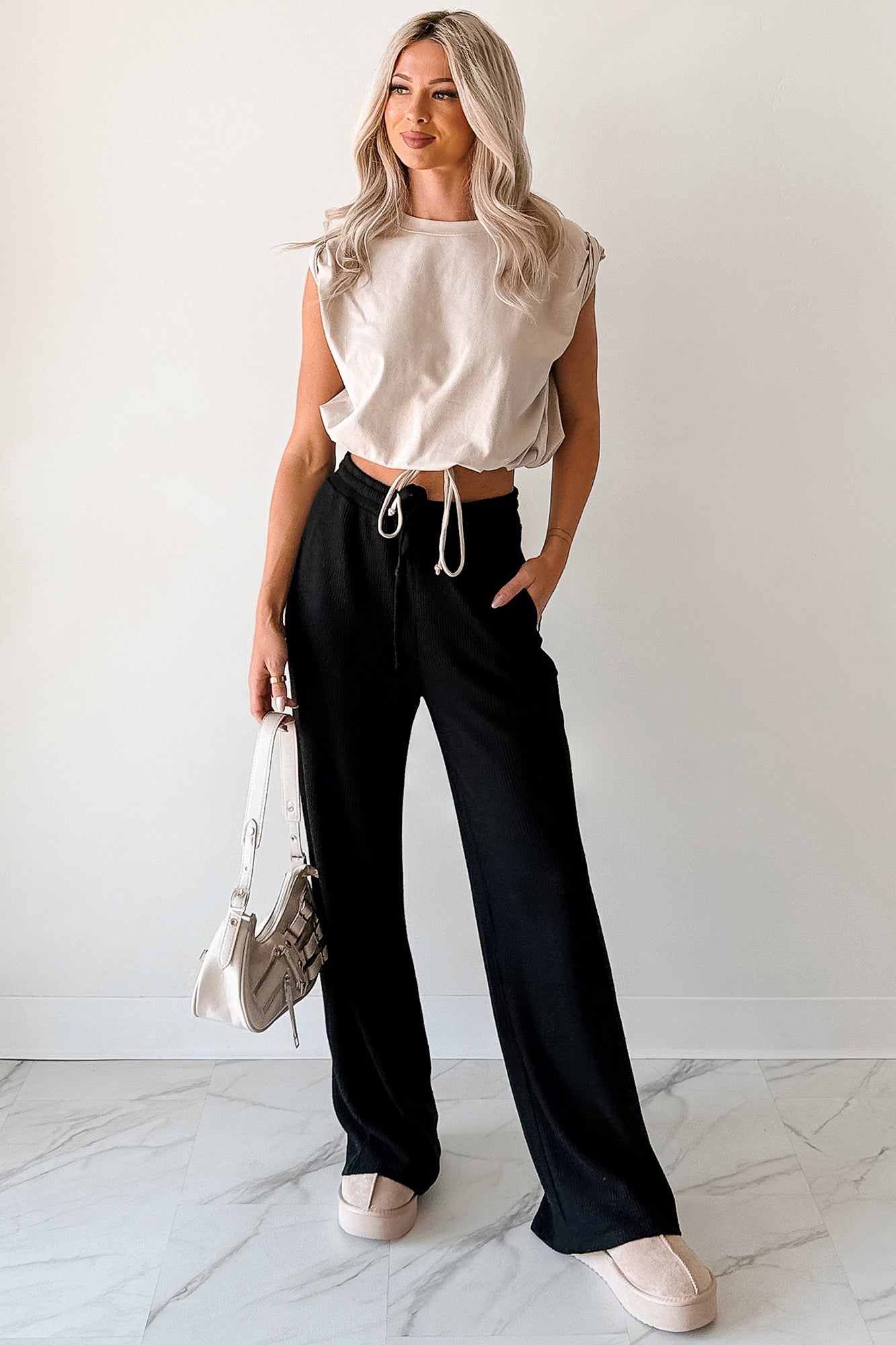 Beyond Horizons Waffle Knit Wide Leg Pants (Black) - NanaMacs