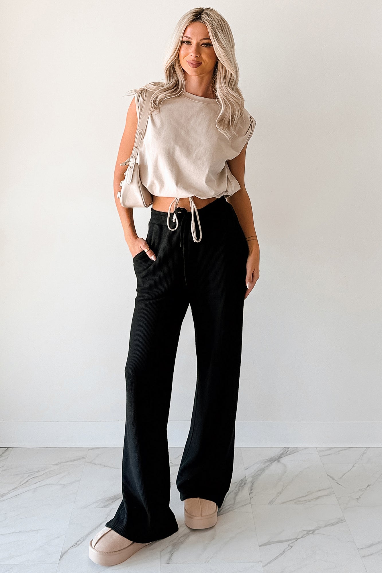 Beyond Horizons Waffle Knit Wide Leg Pants (Black) - NanaMacs