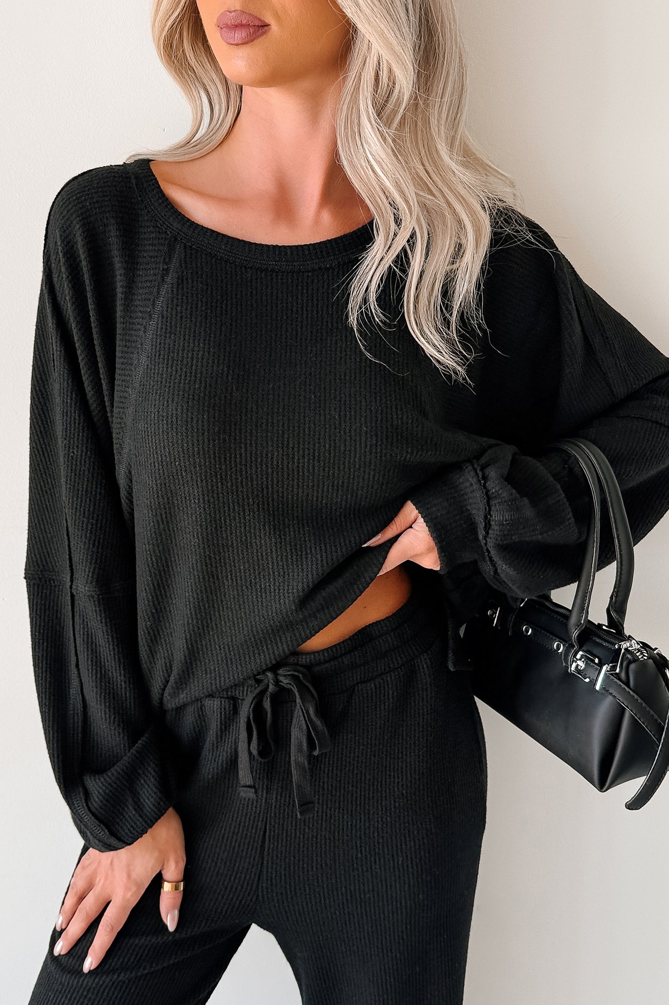 Still Breathing Waffle Knit Long Sleeve Top (Black) - NanaMacs